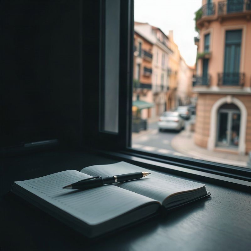Cuaderno y lapicera sobre un escritorio con vista a una calle de Paysandú