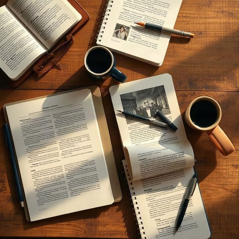 Vista cenital de artículos impresos y cuadernos sobre un escritorio de madera
