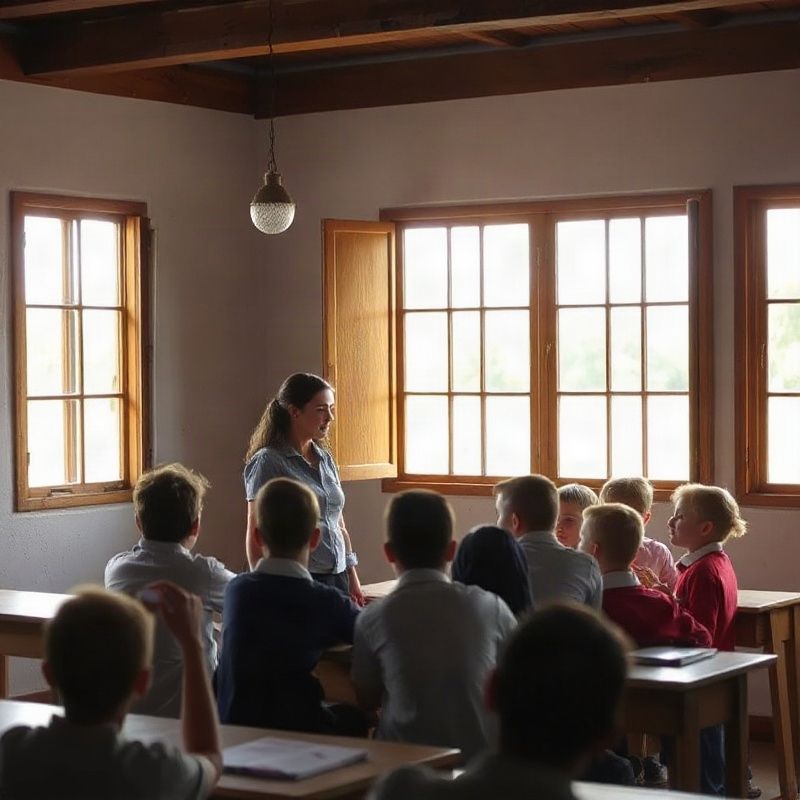 Aula rural en el litoral uruguayo con luz natural y un pequeño grupo de estudiantes